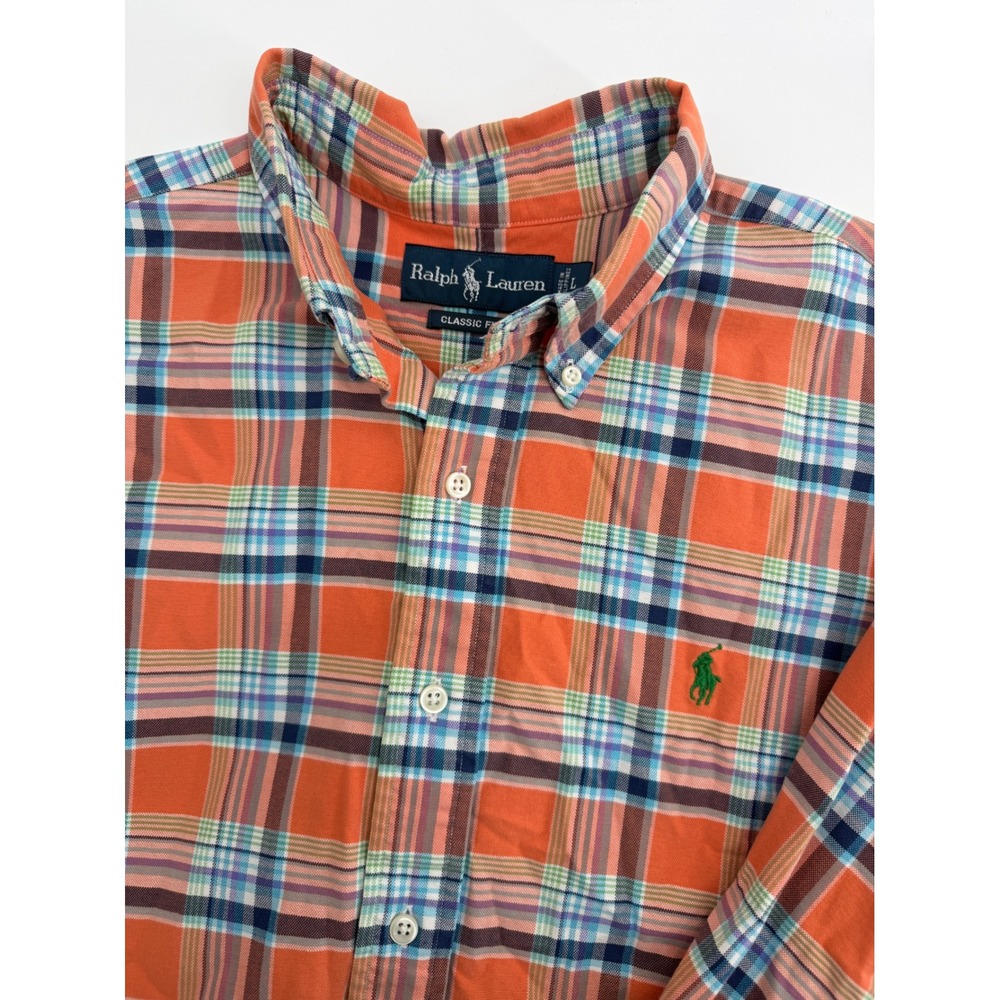 Polo Ralph Lauren Mens Large Orange Blue Plaid Classic Fit Button Down Shirt